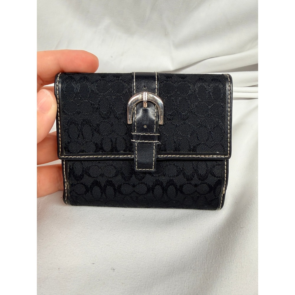 Coach Black Signature Jacquard Leather Tri-fold Buckle Wallet Vintage Y2K